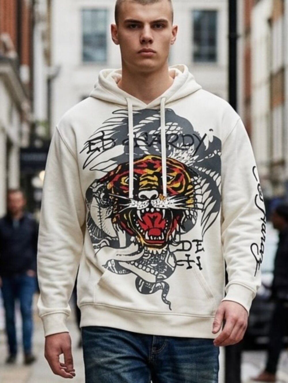 NEW Ed Hardy Hoodie Men’s XL Ivory Tiger Tattoo Artwork Graphic